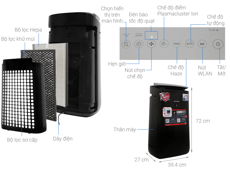 Máy lọc không khí Sharp FP-J80EV-H, thiết kế sang trọng hiện đại