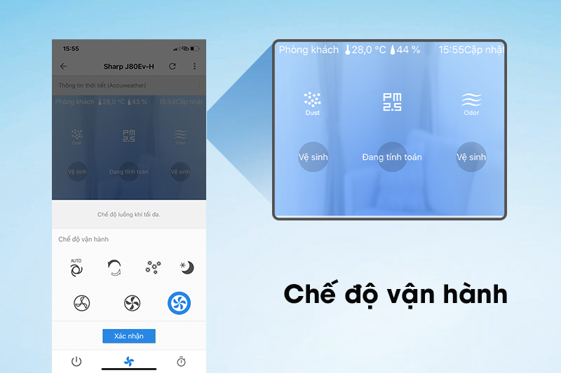Máy lọc không khí Sharp FP-J80EV-H, kết nối điện thoại thông minh
