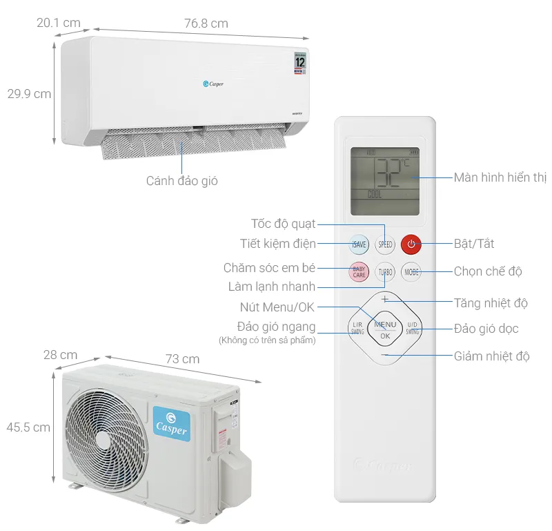 Điều hòa Casper 9000BTU 2 chiều inverter QH-09IU36A